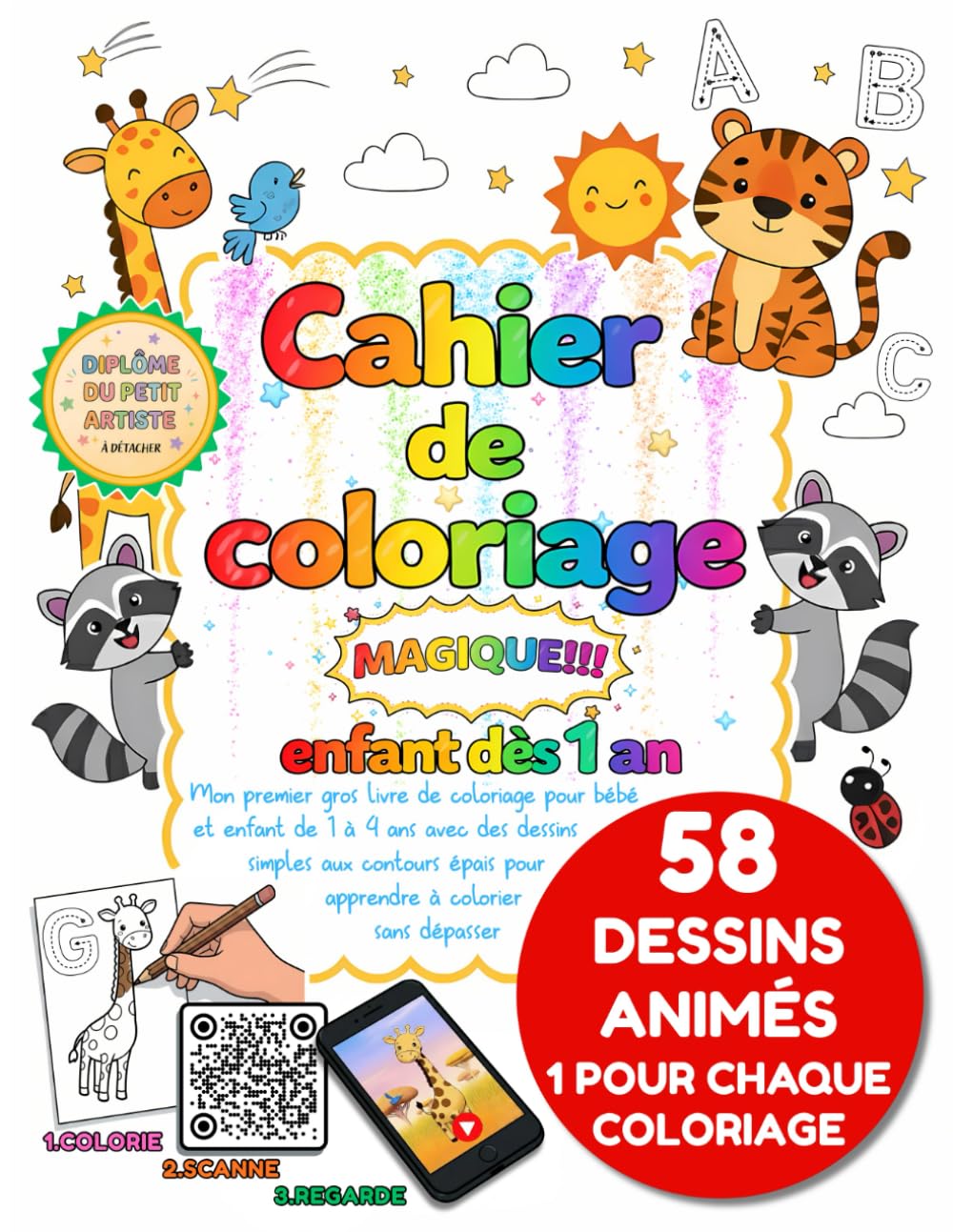 Cahier de coloriage enfant dès 1 an: Mon premier gros livre de coloriage pour bébé et enfant de 1 à 4 ans avec des dessins simples aux contours épais pour apprendre à colorier sans dépasser