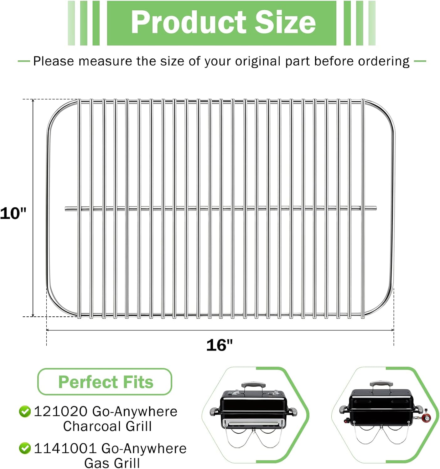 Criditpid 80631 Stainless Steel Grill Grate for Weber Go-Anywhere Charcoal and Gas Grills, 16 x 10 inch Grill Cooking Grate Grid Replacement Parts for Weber 70211, 3634, 67195