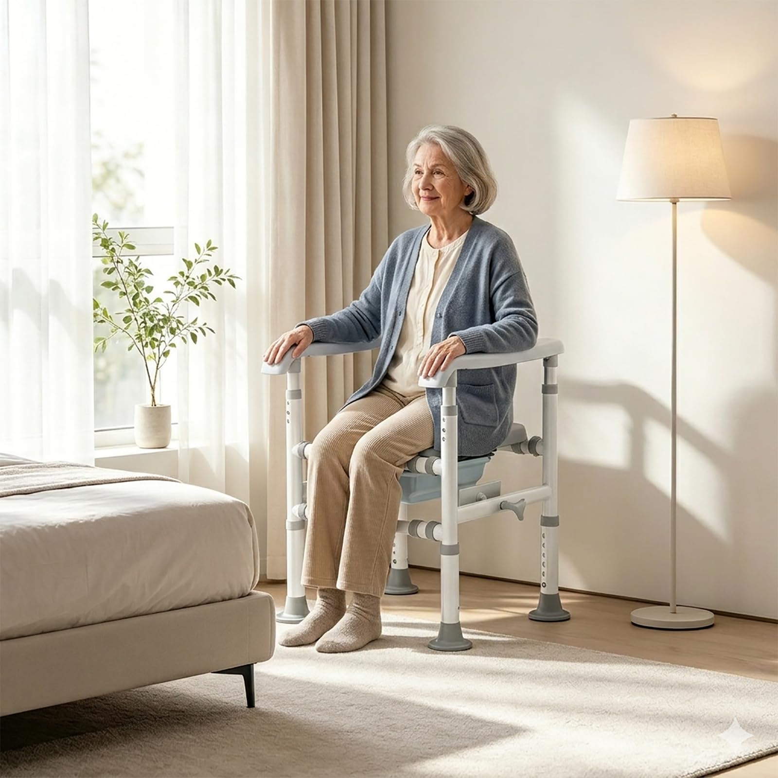 NJUN Toilettenerhöhung mit Unabhängig Verstellbare Armlehnenhöhe, 4-in-1 WC Sitzerhohung für Senioren bis 200 kg, Verstellbare Höhe & Breite Toilettenstuhl mit Gepolstertem Sitz und Abnehmbarem Eimer