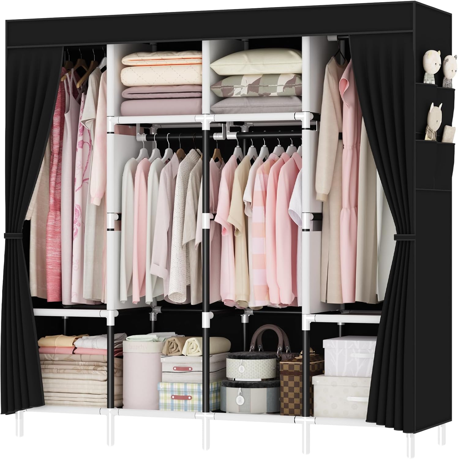 SMILOVII Canvas Wardrobe, Zippered Open Wardrobe, Portable Wardrobe With 4 Hanging Rails, 4
