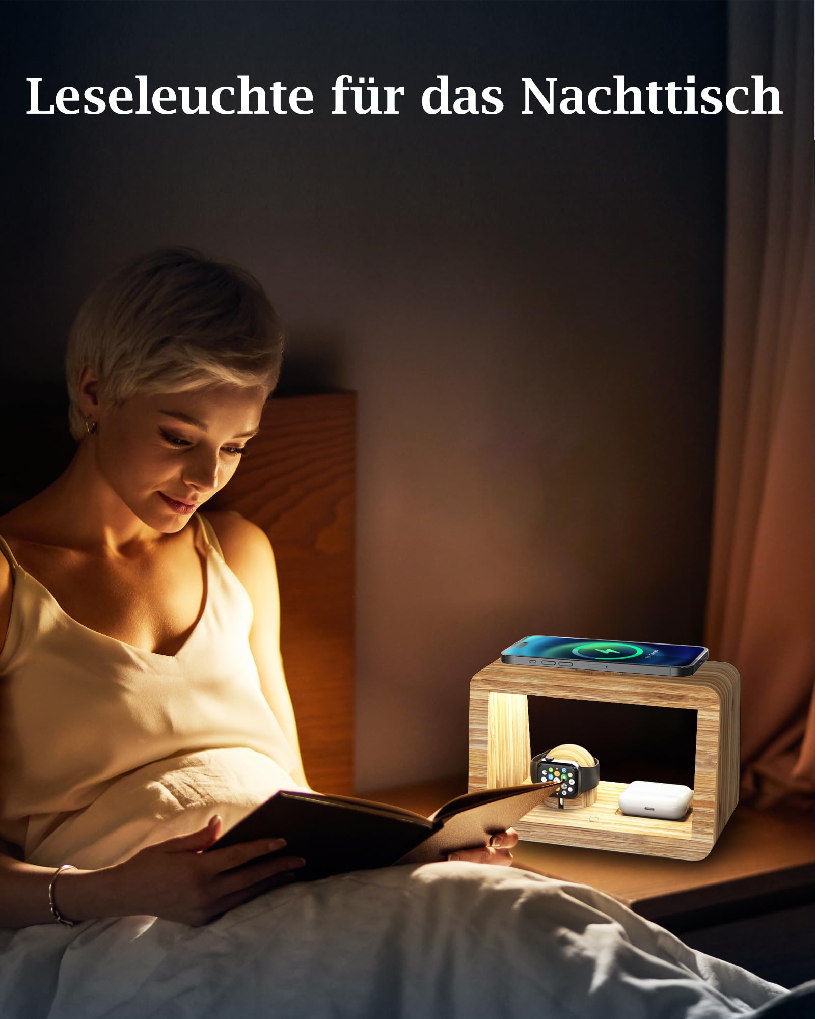Estación de Carga inalámbrica con luz Nocturna, Cargador rápido inalámbrico 4 en 1 con Adaptador y Cable, Cargador inalámbrico para i Phone, AriPods Pro, A`pple Watch