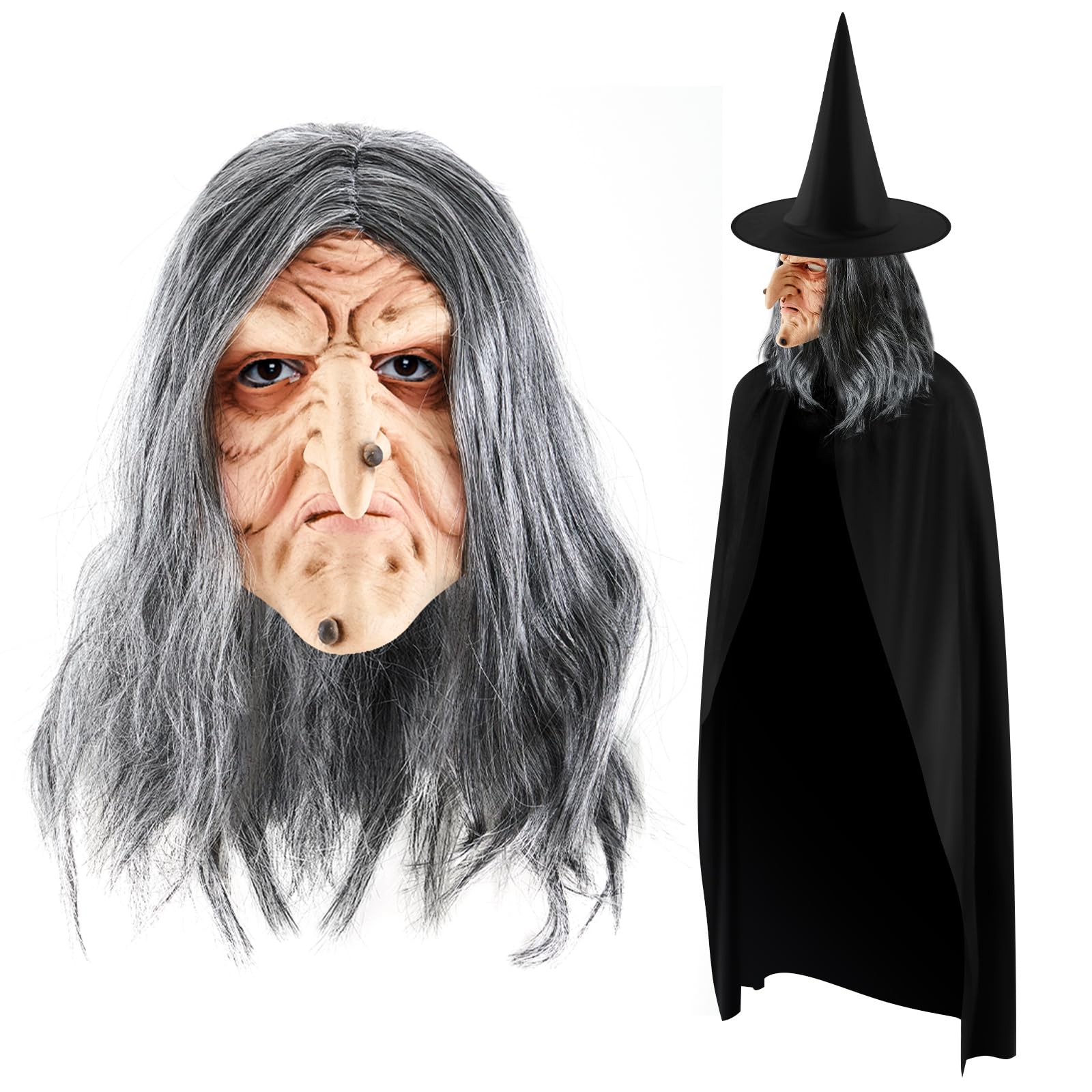 Suilung Accesorios para Disfraces de Halloween Incluye Máscara de Bruja Anciana con Pelo Sombrero de Bruja Capa Negra Máscara de Látex de Cabeza Completa Aterradora Adultos para Carnaval Halloween