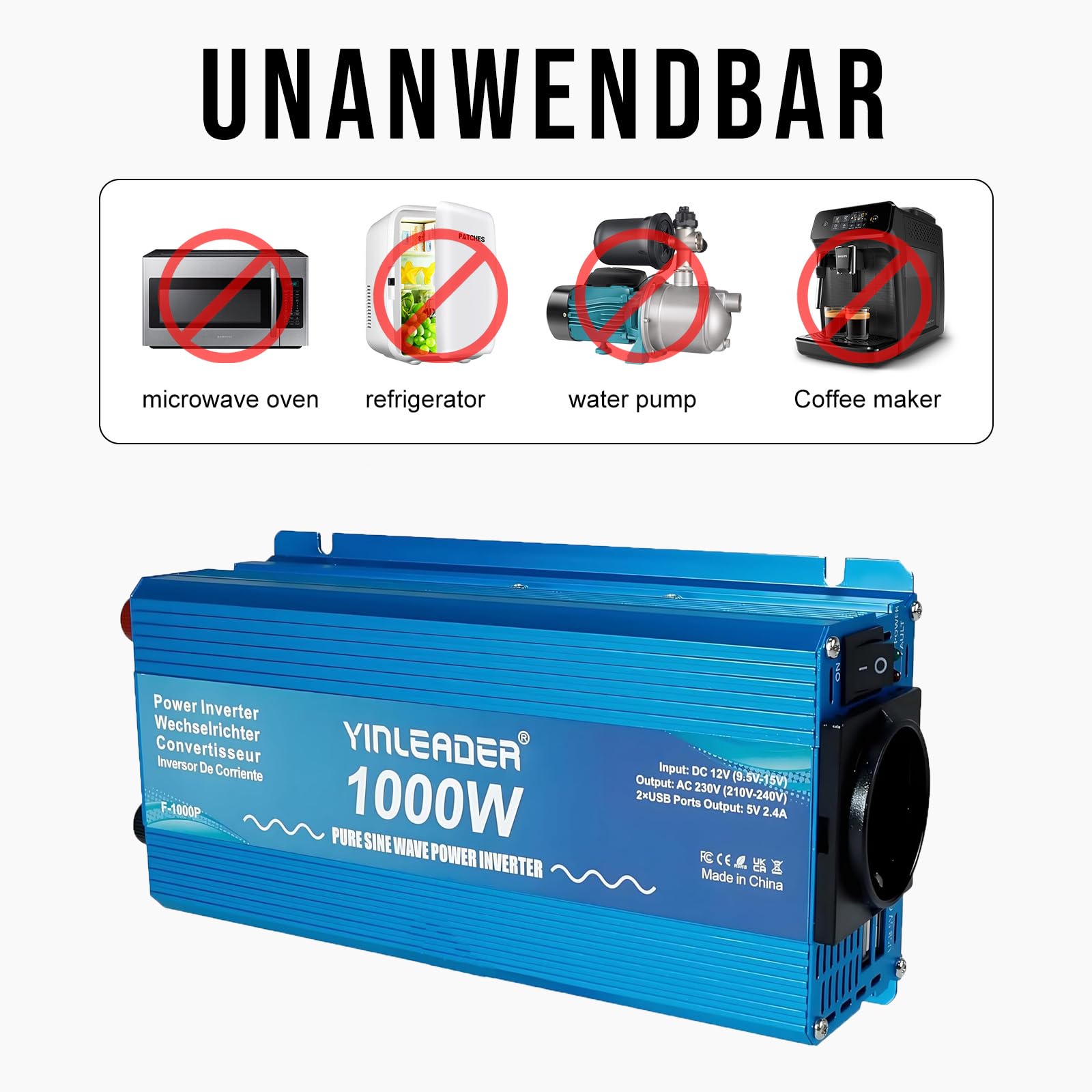 Wechselrichter 1000W /2000W Yinleader Reiner Sinus DC 12V AC 230V Spannungswandler 1 AC Ausgang 2 USB für Auto Campen Solar