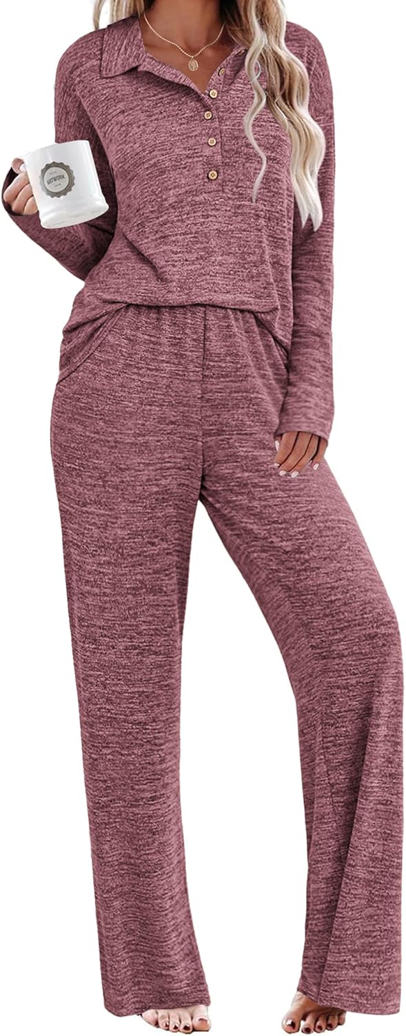 Ekouaer Womens Pajamas Set Fall Lounge Sets 2 Piece Long Sleeve Sleepwear Button Down Soft Pjs Nightwear