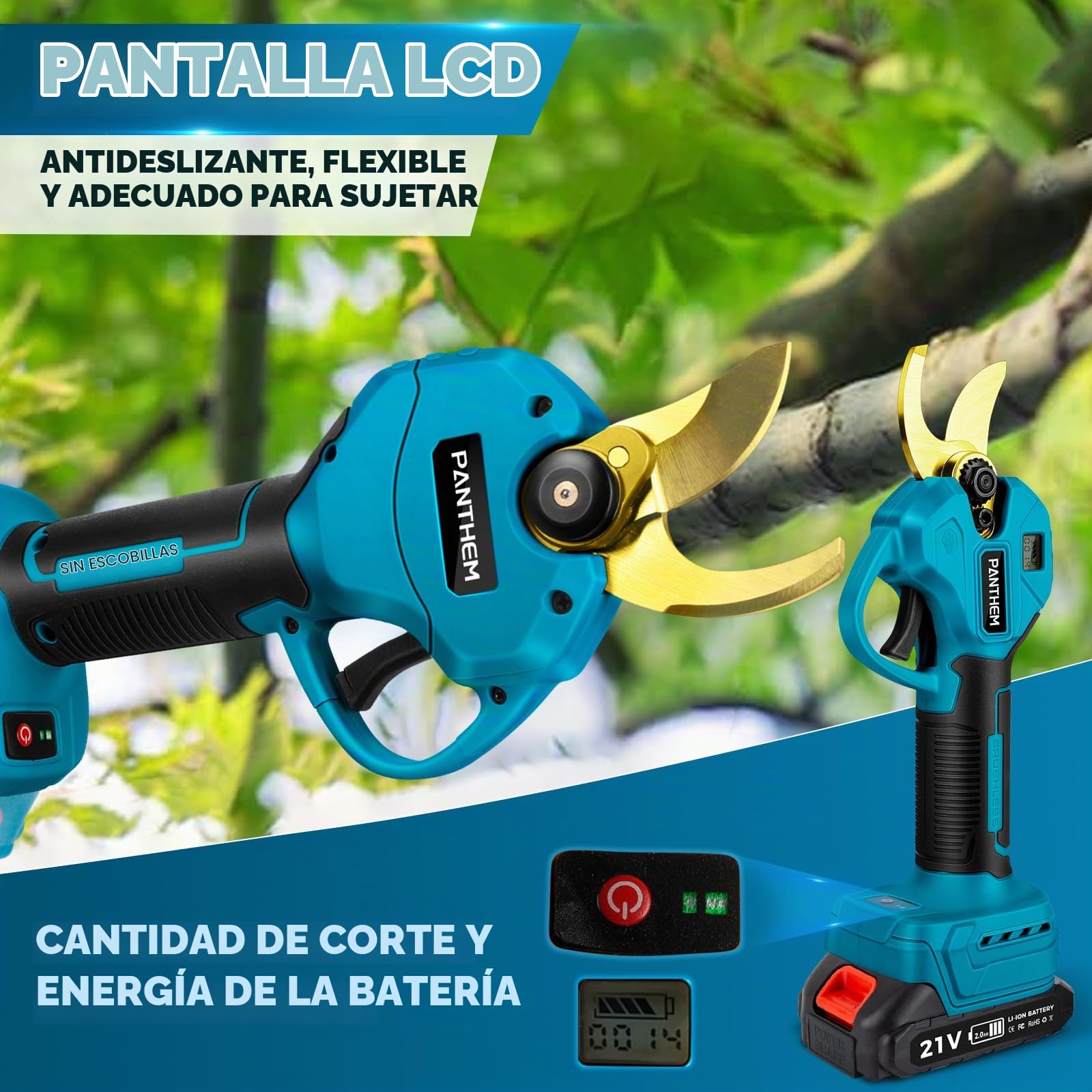Tijera de Podar Electricas de 45mm con Bateria Telescópica Pértiga | Tijeras de Podar Bateria Profesional con 2 Baterías de 21V 2000 mAh Podadora Eléctrica con pantalla LCD para Jardinería