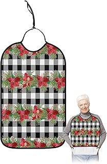 BOBOWUNY Christmas Poinsettia Adult Bibs for Elder Women Men Eating, Flowers Board White Black Checkered Waterproof & Washable Bibs for Eating Clothing Protector Dining Bibs for Crumb Catcher