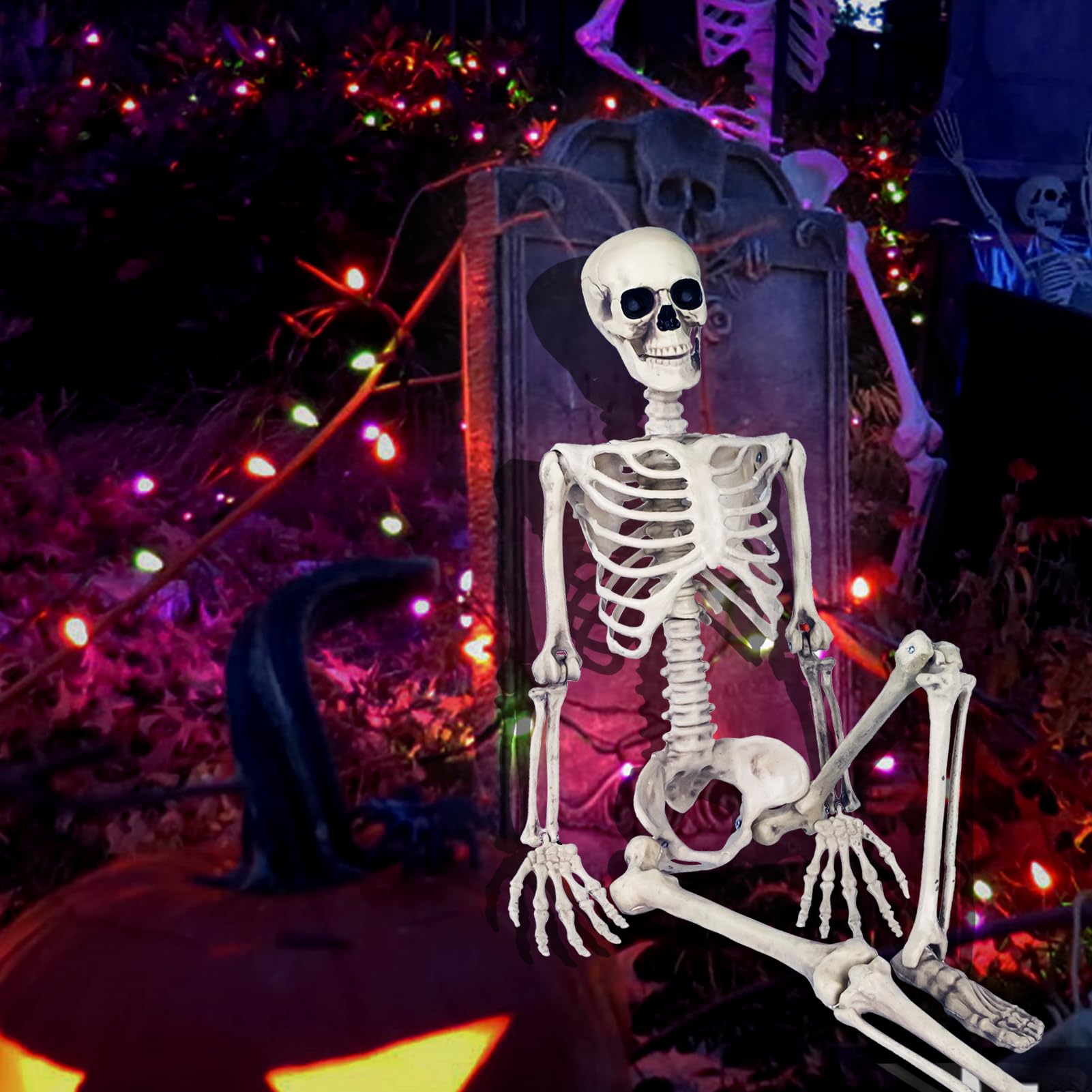 Skeleton Halloween Decor, 5.4FT Posable Life Size Halloween Skeleton Decorations, Realistic Full Body Plastic Skeleton for Halloween Graveyard Haunted House Indoor Outdoor Decoration