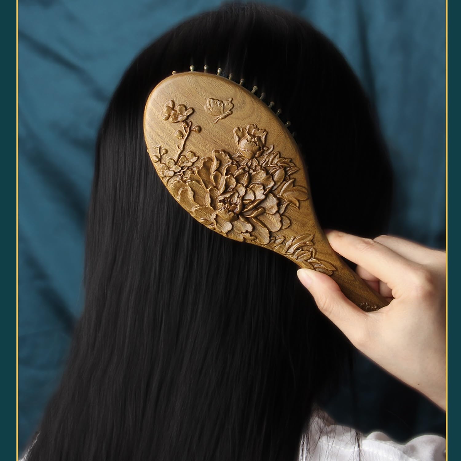 Spazzola per Capelli, Pettine Ovale in Legno per Massaggio con Intaglio di Fiori di peonia, Spazzola per Capelli antistatica districante con Cuscino d'Aria massaggiante