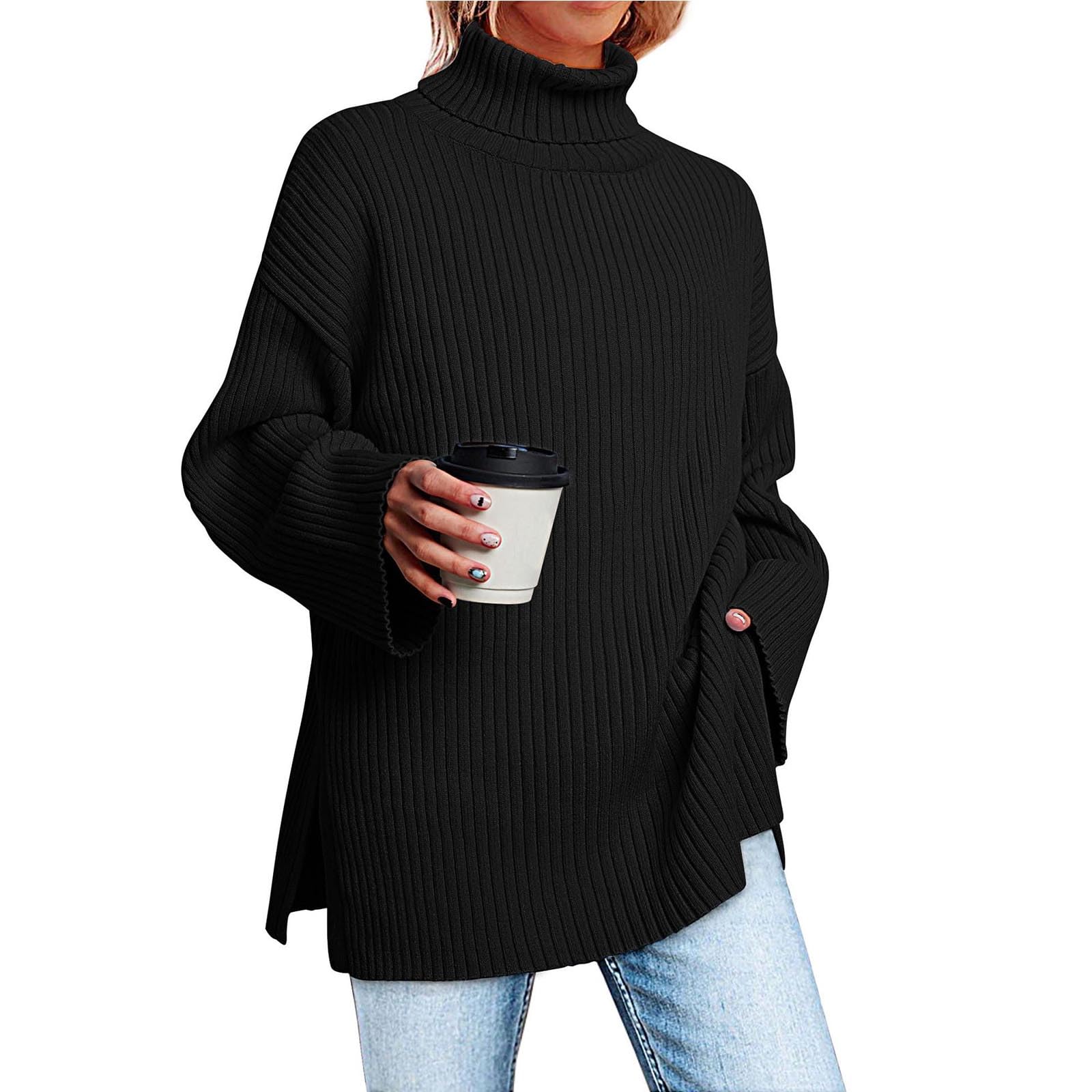 Greabuy Maglione a collo alto oversize alla moda da donna maglione a costine felpa per donna maglione casual camicie da donna maglioni da donna felpe leggere in maglia, Nero , XXL