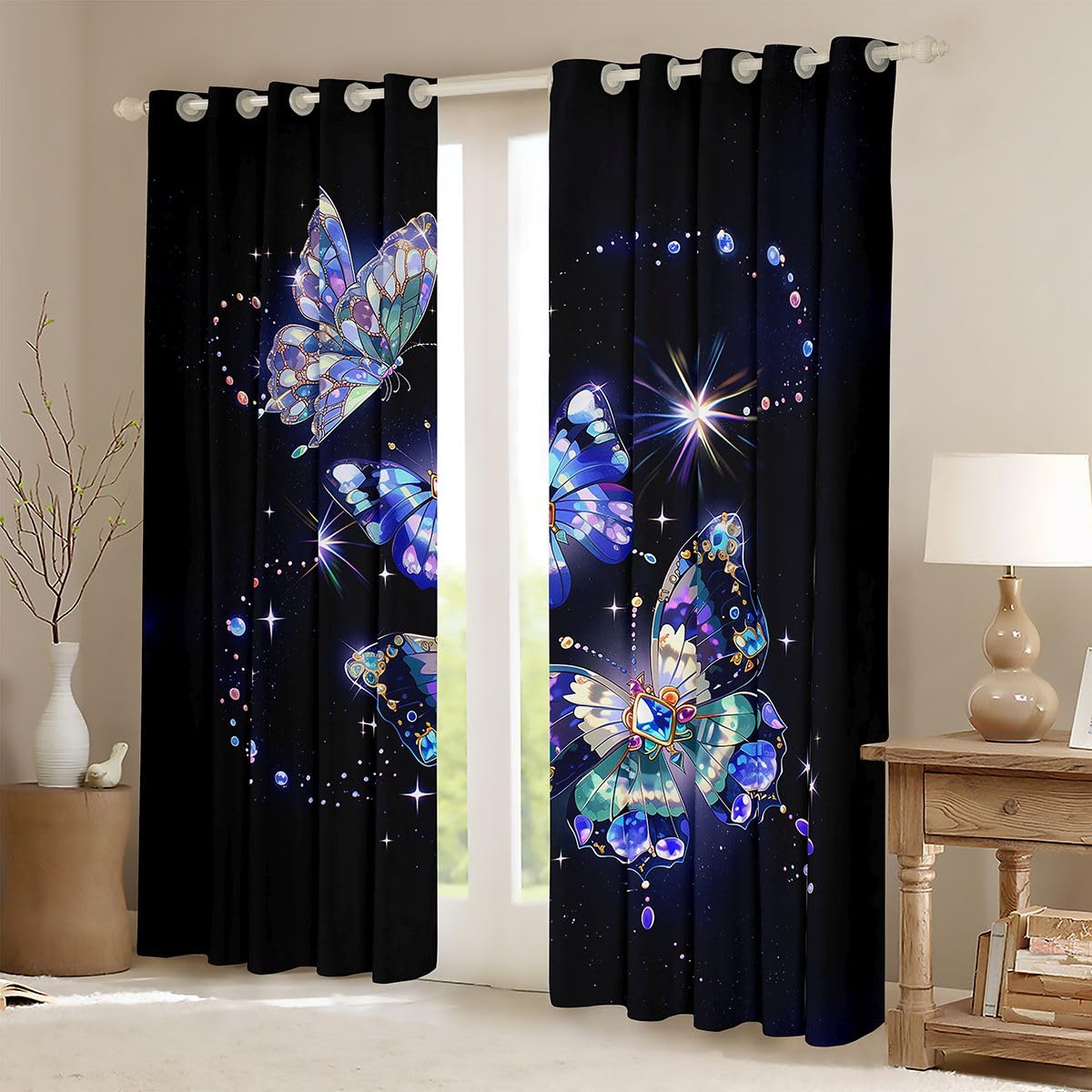 Homewish Set di 2 tende oscuranti a forma di farfalla con diamanti, 132 x 228 cm, 2 pannelli, con stelle scintillanti, colorate, delicate e delicate, tende per finestre con animali da sogno per camera