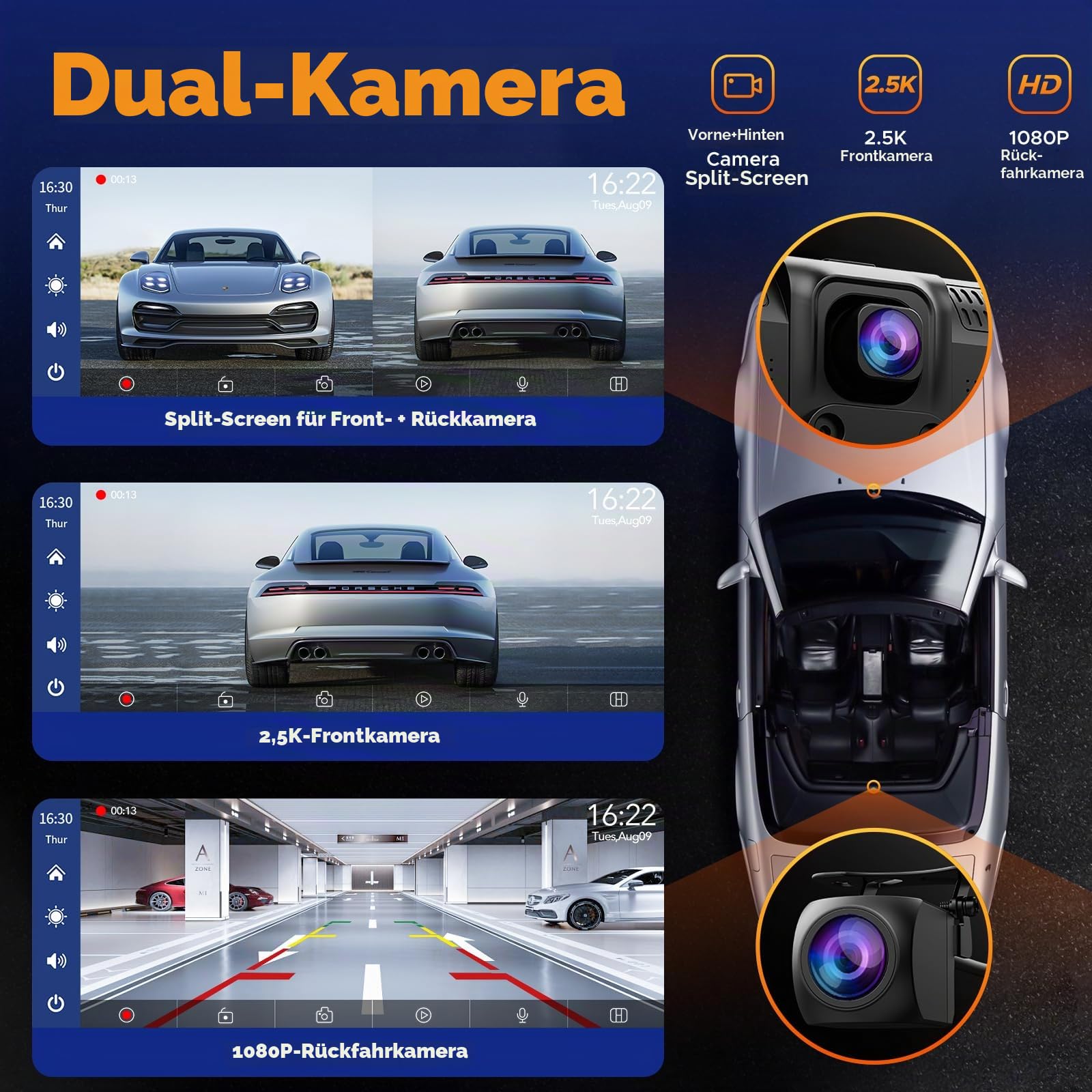 Volam 9.26 Zoll Carplay Display mit 2.5K Dashcam Auto Vorne,1080P Rückfahrkamera, Wireless A-pple Carplay Android Auto, Mirror Link, Navigation, G00gle,Siri, FM,AUX, Loop Recording, 64G SD-Karte
