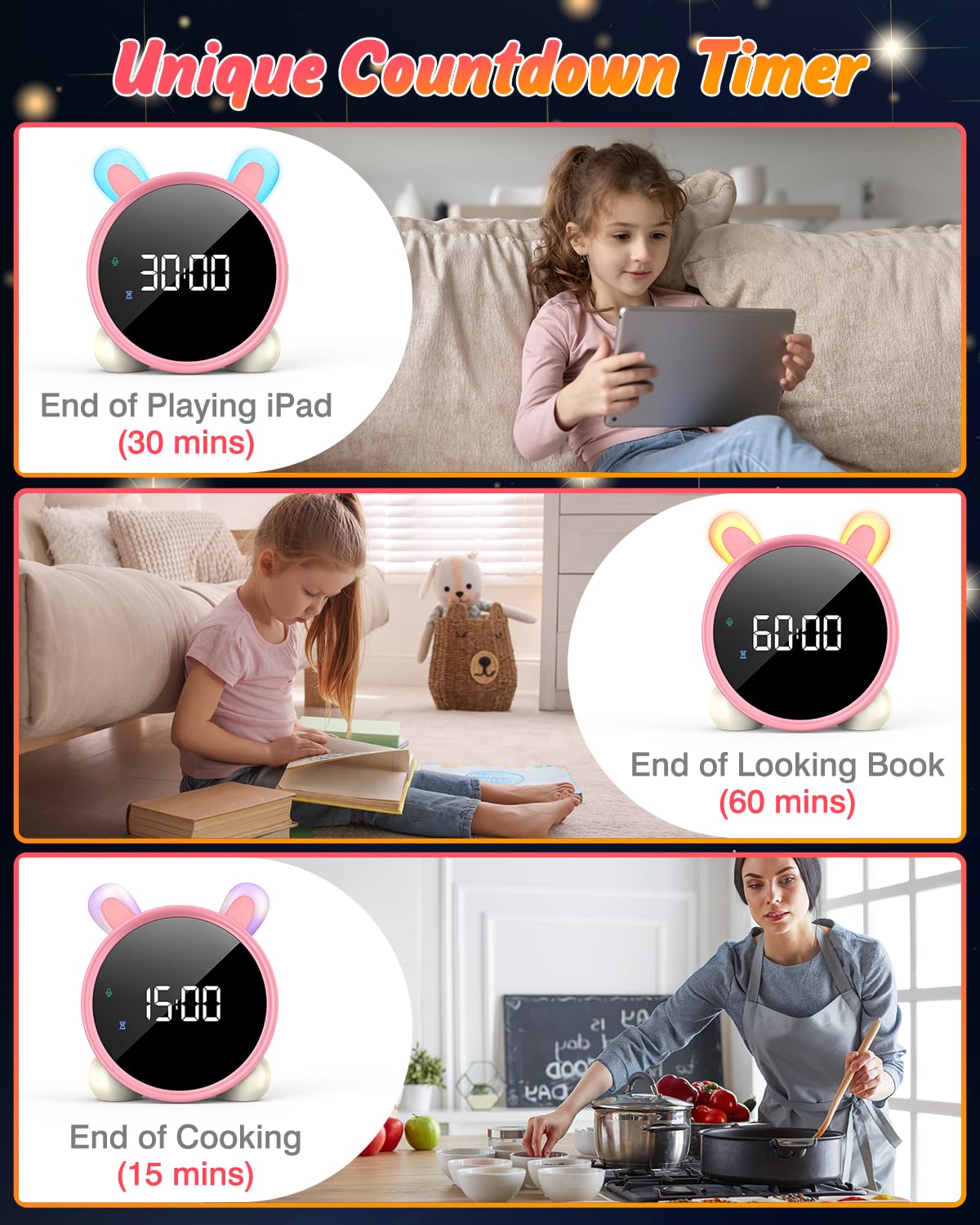 Lemnoi Wecker für Kinder, Kinder Schlaftrainer für Jungen und Mädchen, Batteriebetrieben Kinderwecker Lichtwecker mit Nachtlicht, Countdown, Snooze-Funktion, 3 Helligkeitsstufen und Buntem Licht