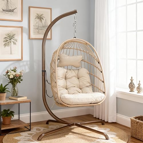 Miniatura 2 de Silla colgante de huevo, de mimbre y ratán, cojines resistentes a los rayos ultravioleta, capacidad de 350 libras, para dormitorio, balcón, patio