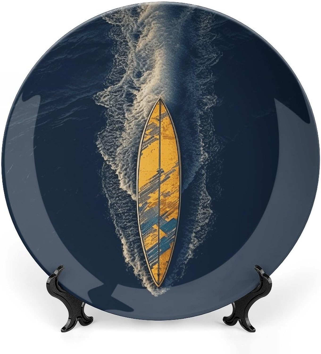 Surfboard Bone China Decorative Plate with Display Stand, Ceramic Ornaments Plate for Wall Hanging, Personalized Porcelain Plates for Office, Living Room 8inch