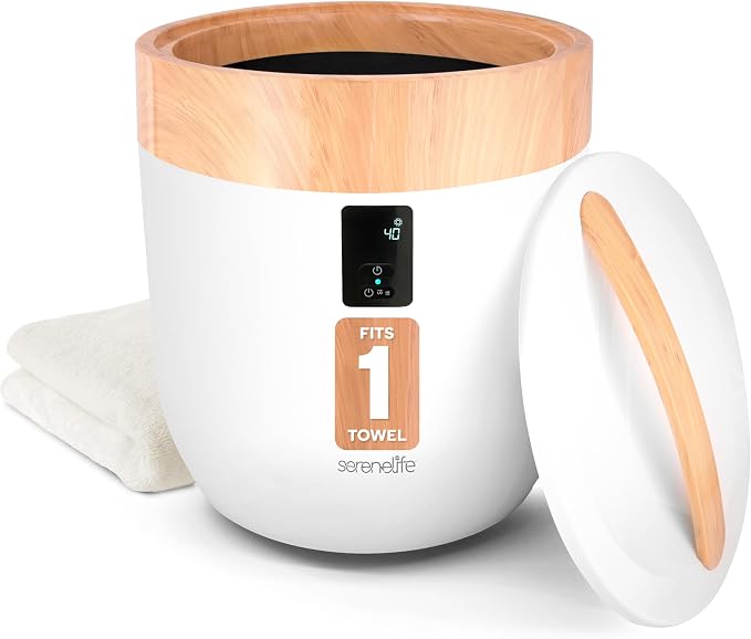 SereneLife Counter Towel Warmer Bucket - with Customized Fragrance for Spa and Bathroom, Luxury Heater, Auto Shut Off, Fits 1 Large Blanket, Bathrobe, PJs (Wood)