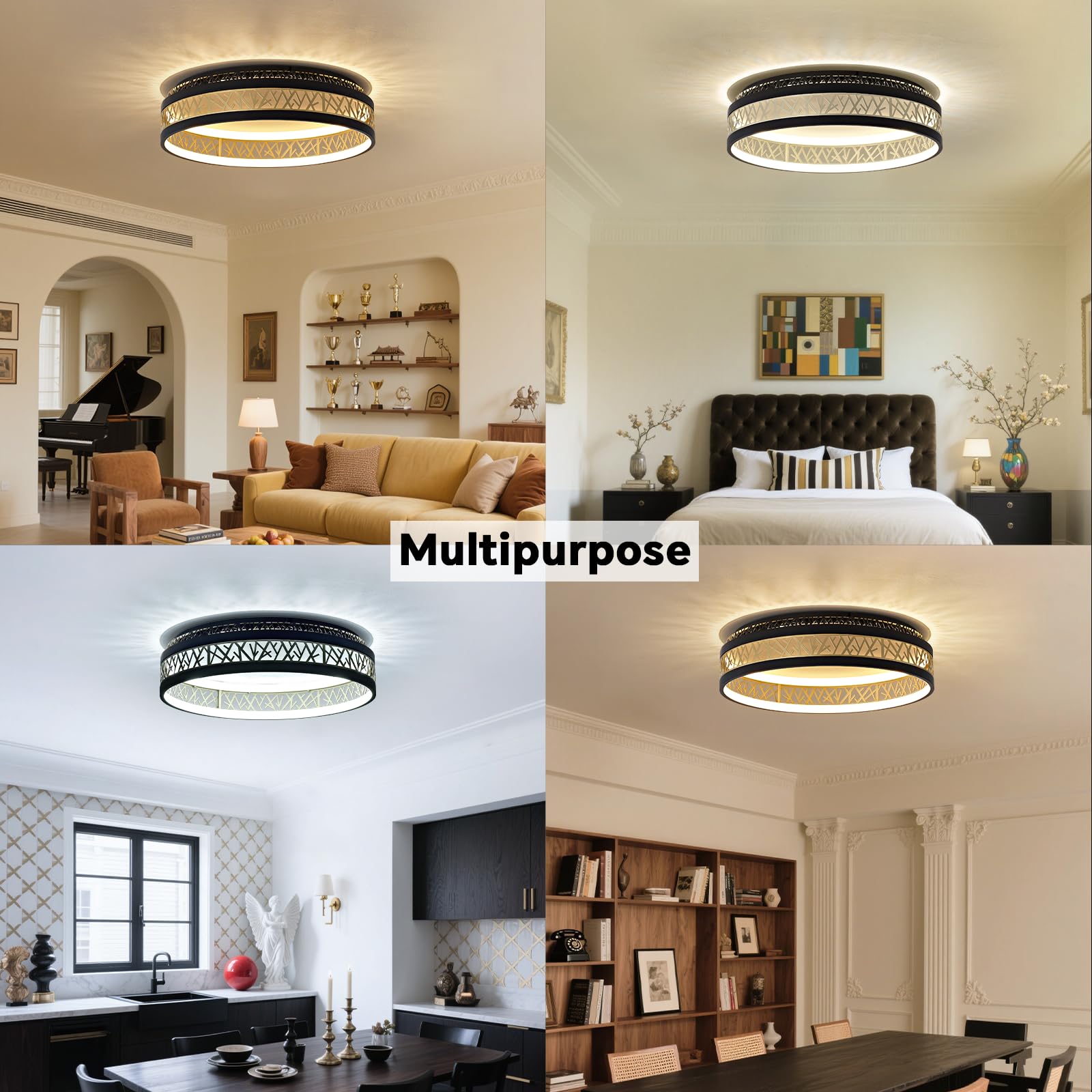 Yuanfenghua LED Deckenleuchte Mit Fernbedienung, Dimmbar Schlafzimmer Lampe with Matter Kompatibel Mit Alexa,HomeKit,Google and eWeLink APP, Rund Schwarz Gold Aushöhlen Design Wohnzimmer Ø50×H12CM