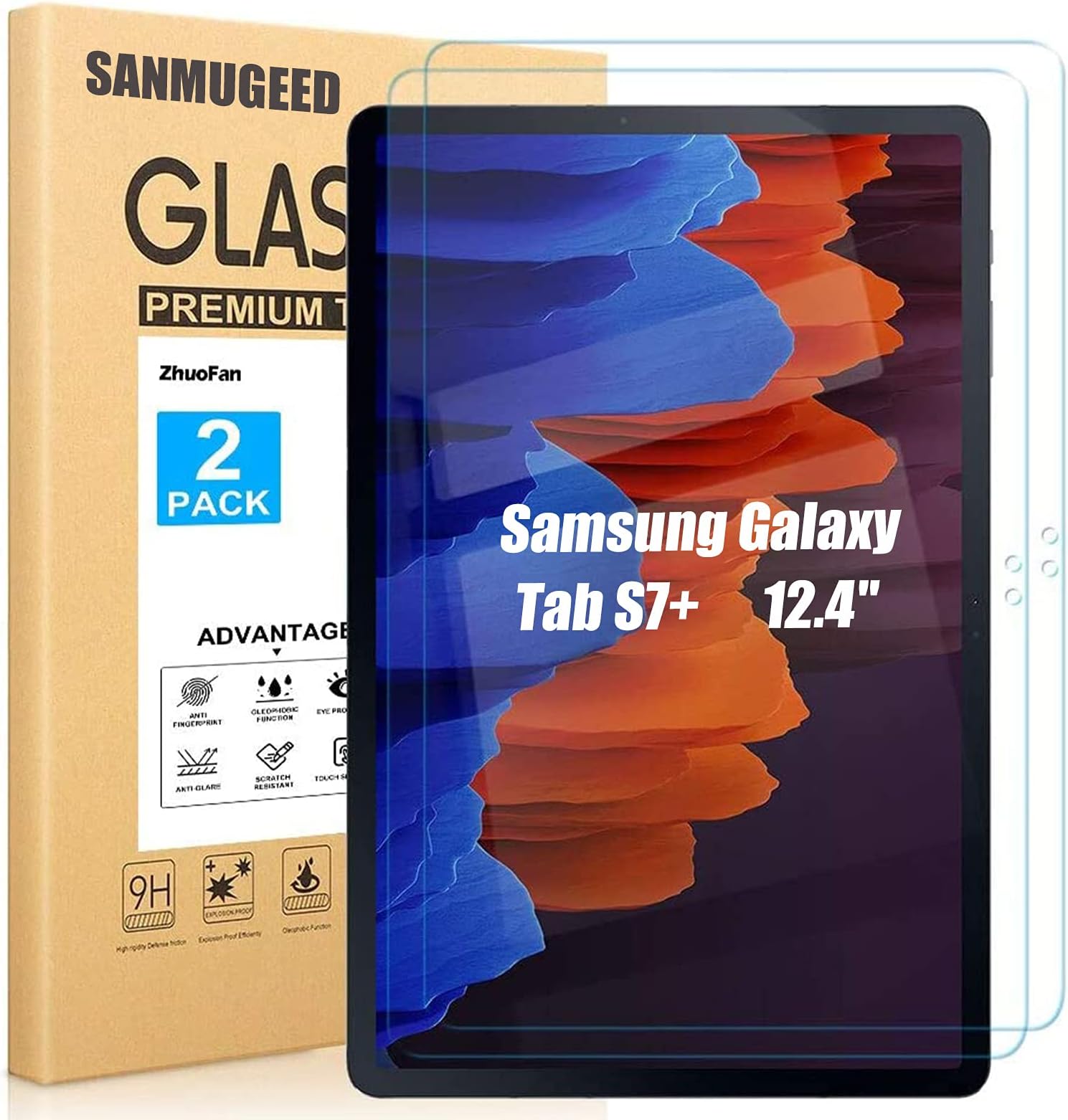 [2 Pack ] SANMUGEED Screen Protector Compatible with Samsung Galaxy Tab S7 Plus 5G (12.4 Inch), Premium 9H Hardness 2.5D Round Edge Tempered Glass/S Pen Compatible/Anti-Scratch/Bubble Free