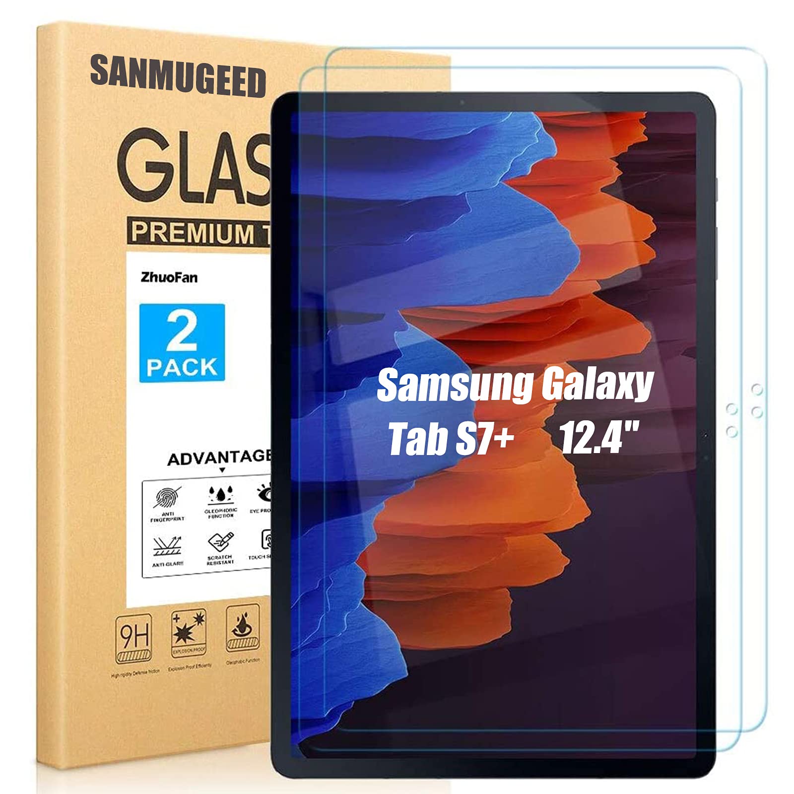 [2 Pack ] SANMUGEED Screen Protector Compatible with Samsung Galaxy Tab S7 Plus 5G (12.4 Inch), Premium 9H Hardness 2.5D Round Edge Tempered Glass/S Pen Compatible/Anti-Scratch/Bubble Free
