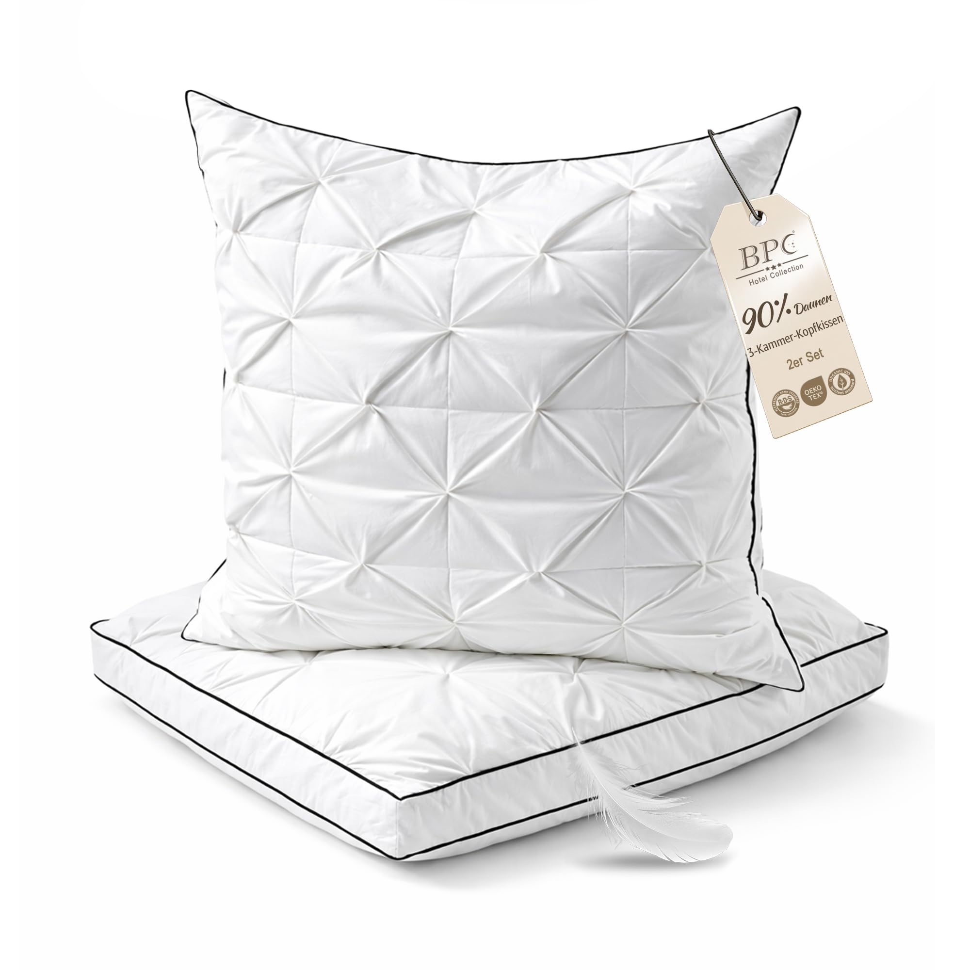 BPC Daunenkissen 80x80 cm 2er Set, 3-Kammer Kopfkissen | 90% Daunen außen & Federkern | Weich und formstabil | 100% Bio-Baumwoll-Bezug | Waschbar & pflegeleicht