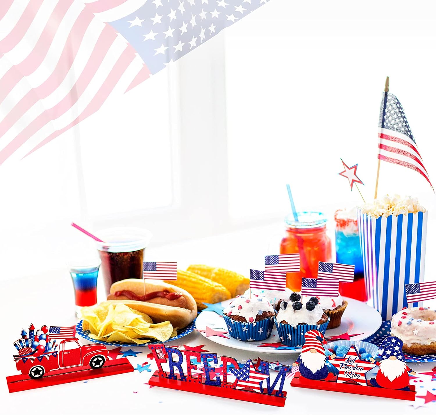 3 Pieces Patriotic Table Decoration Signs Memorial Day Table Decor Wooden Table Centerpieces Sign Independence Day Table Topper for 4th of July Party Desk Home Decor