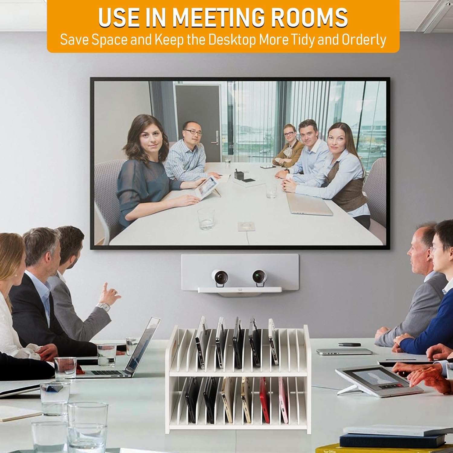 Cell Phone Storage Classroom Cell Phone Holder Adjustable Wooden Multiple Rack Caddy Organizer Box for Classroom Office Desktop with 1-30 Number Stickers (30-Grid) (White)