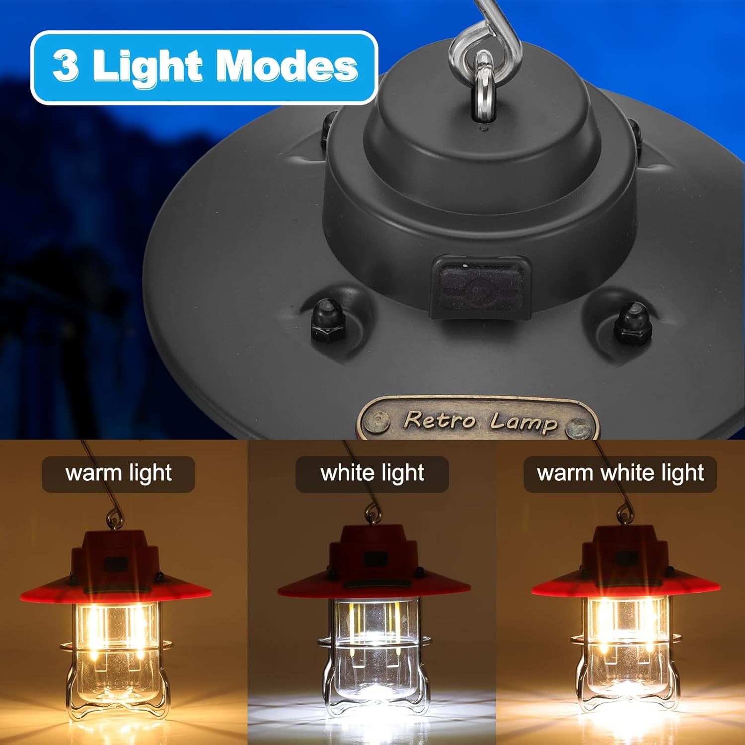 PATIKIL LED Camping Lantern, 2 Pack Vintage Rechargeable Lantern 3 Light Modes Portable Hanging Outdoor Tent Light for Camping, Hiking, Fishing, Black 3.66 Inch