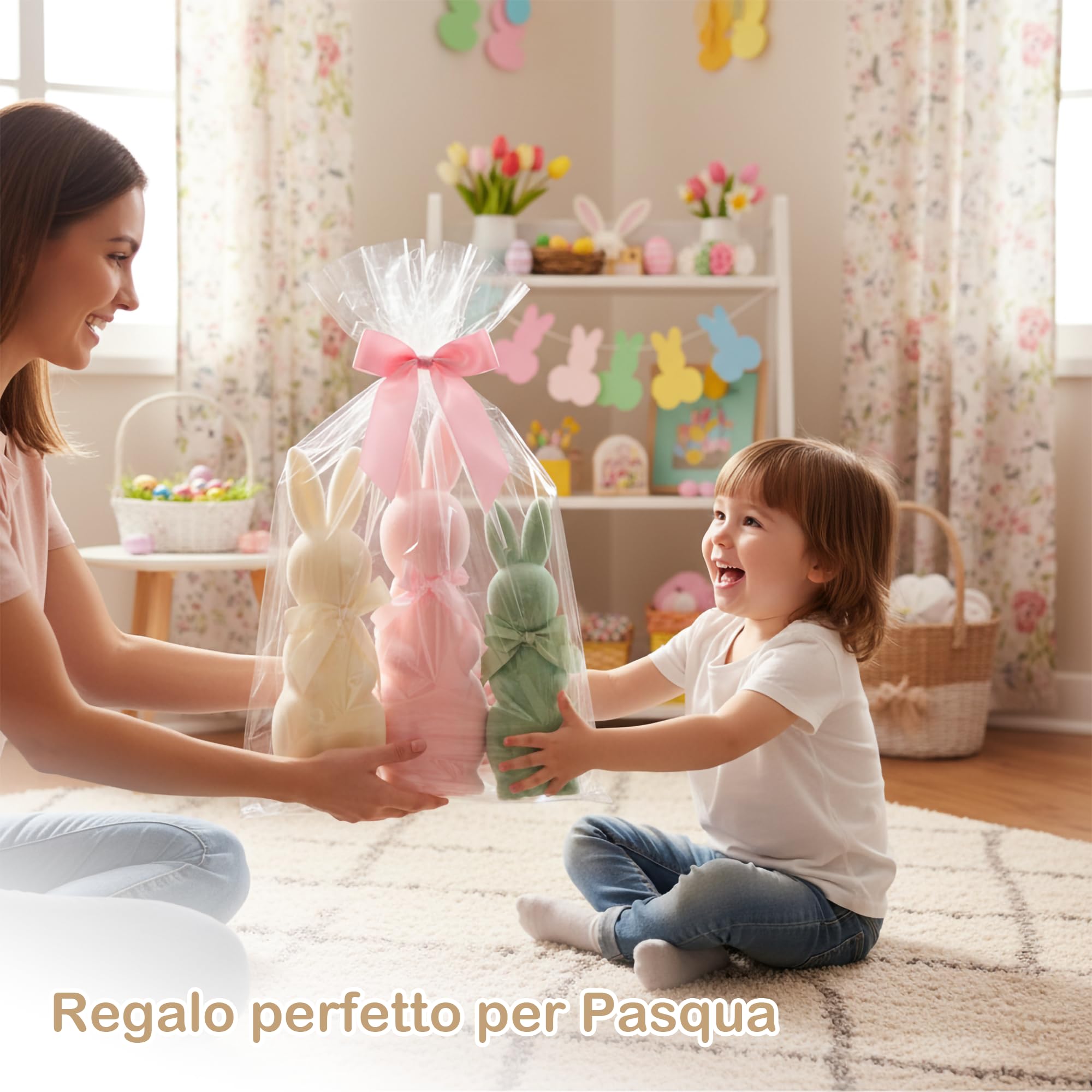 Lanpn Set di 3 Conigli Pasquali Floccati con Papillon, Statuette Pastello per Decorazioni da Tavolo, Mensole e Casa, Decorazioni Primaverili (Rosa Beige Verde)