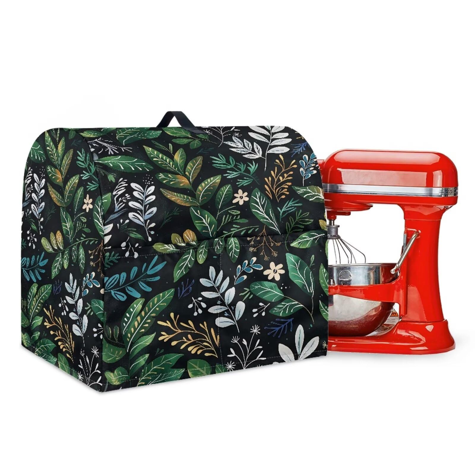 Txsniver Dust Cover for Kitchen Mixer Comfort Stand Mixer Cover Reusable Polyester Taffeta Mixer Cover with Top Handle and Front Pockets Multi-Functional Kitchen Appliance Cover, Leaf Black