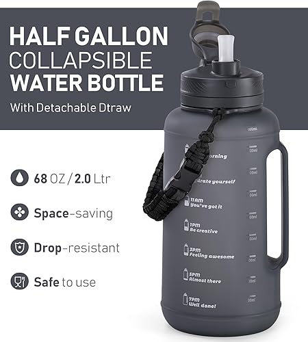 Miniatura 3 de TakeToday Botellas de agua plegables de 68 onzas con pajilla, botella de agua de medio galón con marcador de tiempo motivacional, jarra de agua de