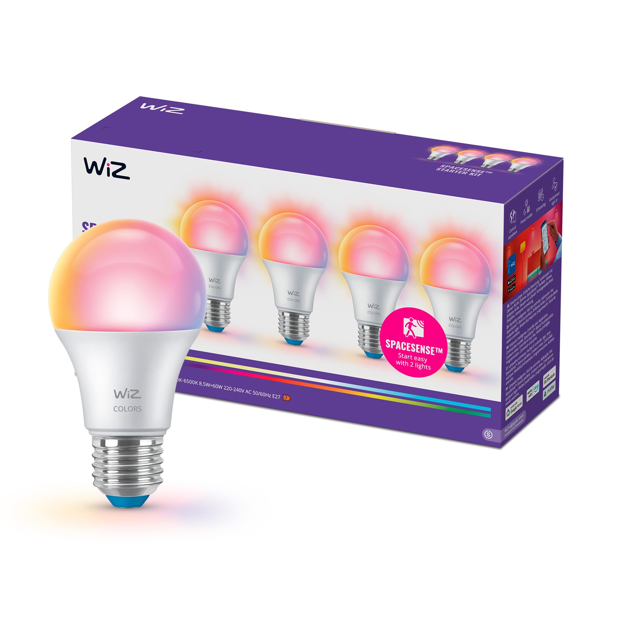 WiZ Smart LED A60 Bulb, Full Color and Tunable White, E27 Base, 60W Equivalent, 2200-6500K, 806 Lumens, Dimmable, Works with Alexa, Google Assistant, and Apple Home, 4 Pack