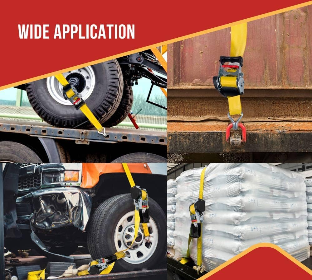 Mytee Products 4 Pack 2" x 10' Retractable Ratchet Straps with Double J-Hook - 3,300 lbs Breaking Strength - Yellow Auto Retract Ratchet Tie Down Strap for Motorcycles, ATVs, Bikes, Boat Trailer - Image 4