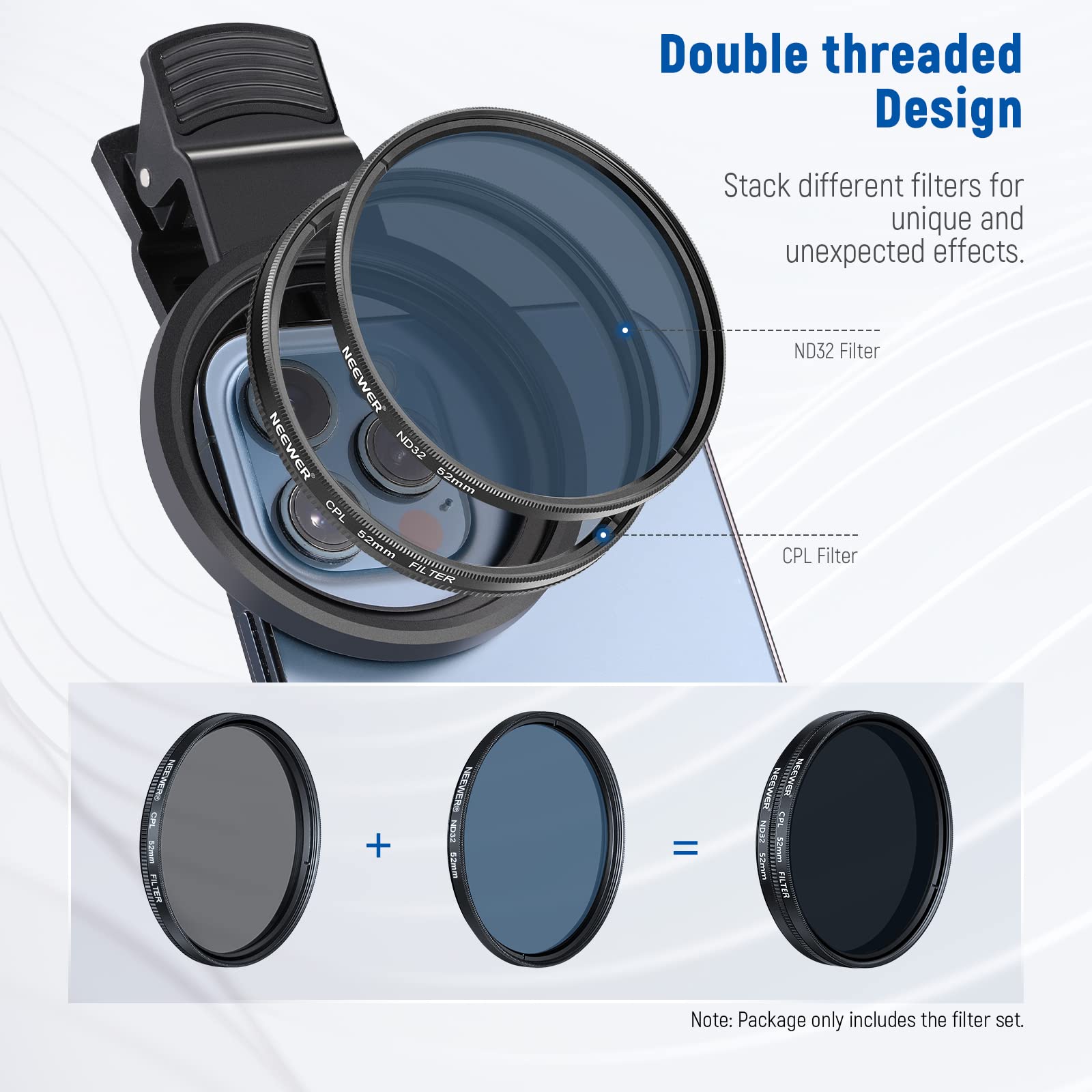 NEEWER Zestaw filtrów efektów 52 mm ND+CPL + z zaciskiem obiektywu telefonu komórkowego, ND32/polaryzacyjny/ 6-punktowy / 4 stopniowane filtry kolorów, kompatybilny z 16 15 14 Pro Max Plus 13 12 11
