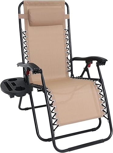 ABCCANOPY - Silla de gravedad cero ajustable, reclinable, para patio, con almohada extraíble y bandeja portavasos, (color beige)