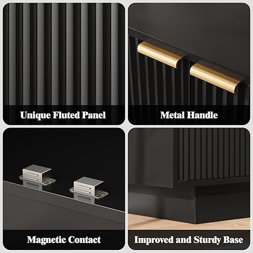 Miniatura 8 de Aparador grande de 63 pulgadas, armario de buffet moderno, soporte de TV para bar de vinos con 4 puertas para comedor (negro)