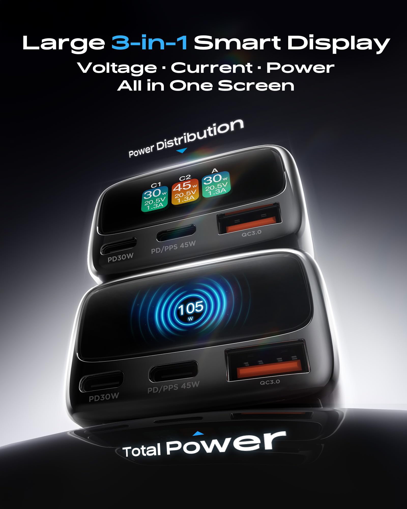 Chargeur de voiture USB C 105 W avec écran couleur numérique, adaptateur allume-cigare à 3 ports à charge rapide pour iPhone 17/16/15 Pro Max, Samsung S26, accessoires de voiture de voyage cadeaux
