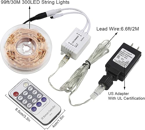 Miniatura 7 de ER CHEN Tira de luces LED de 165 pies, 500 luces LED estrelladas en cable de cobre de 164.0 ft, adaptador de corriente + control remoto (rojo)