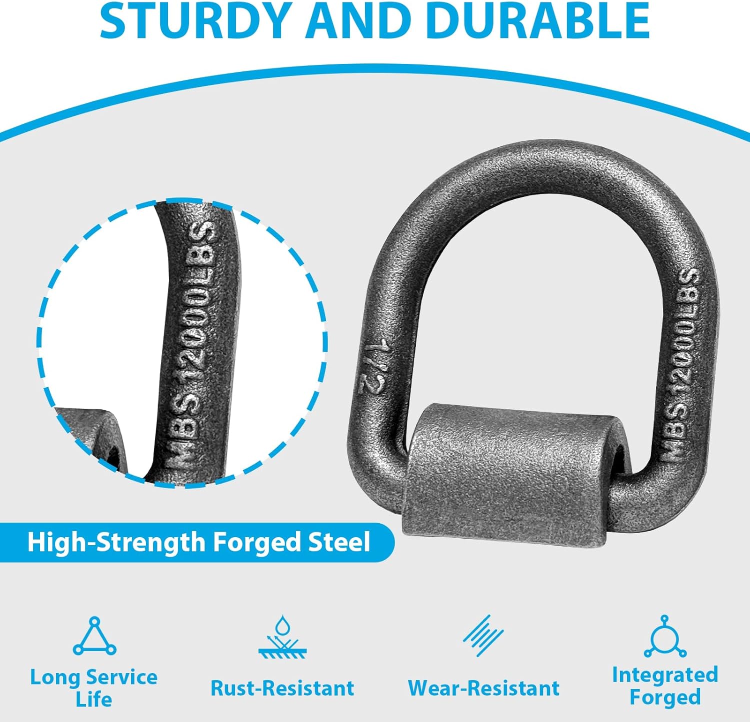 1/2" Heavy Duty Weld-On Forged D Ring with MBS:12,000 lbs, Tie Down Anchor D-Ring with Weld On Anchor Points for Trailer, Truck Cargo, ATV, UTV, RV etc (12 Pack)