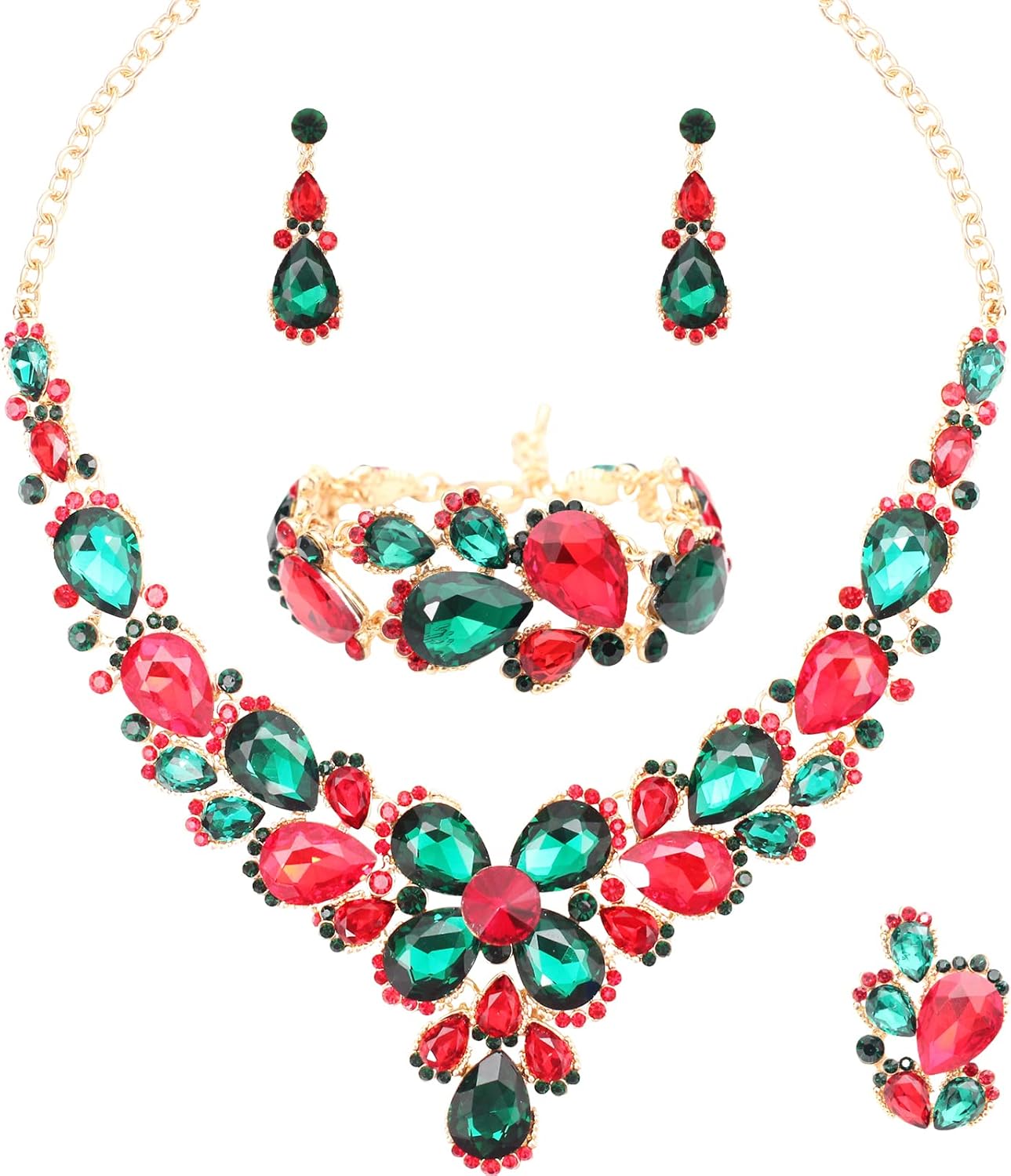 Women's Wedding Bridal Austrian Crystal Glass Teardrop Statement Necklace Dangle Earrings Bracelet Ring Wedding Party Jewelry Set for Bridal Bridesmaid