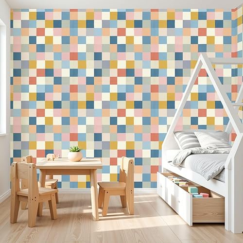Miniatura 6 de Peel and Stick Wallpaper Checkered Seamless pastel colors Retro geometric squared mosaic Great Wall Contact Paper 17.7"x118" Waterproof Self