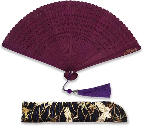 SENJLIE - Abanico plegable de bambú hecho a mano de 7 pulgadas (7.1in) para mujer, ventilador de mano plegable de madera chinajaponesa con bolsa de