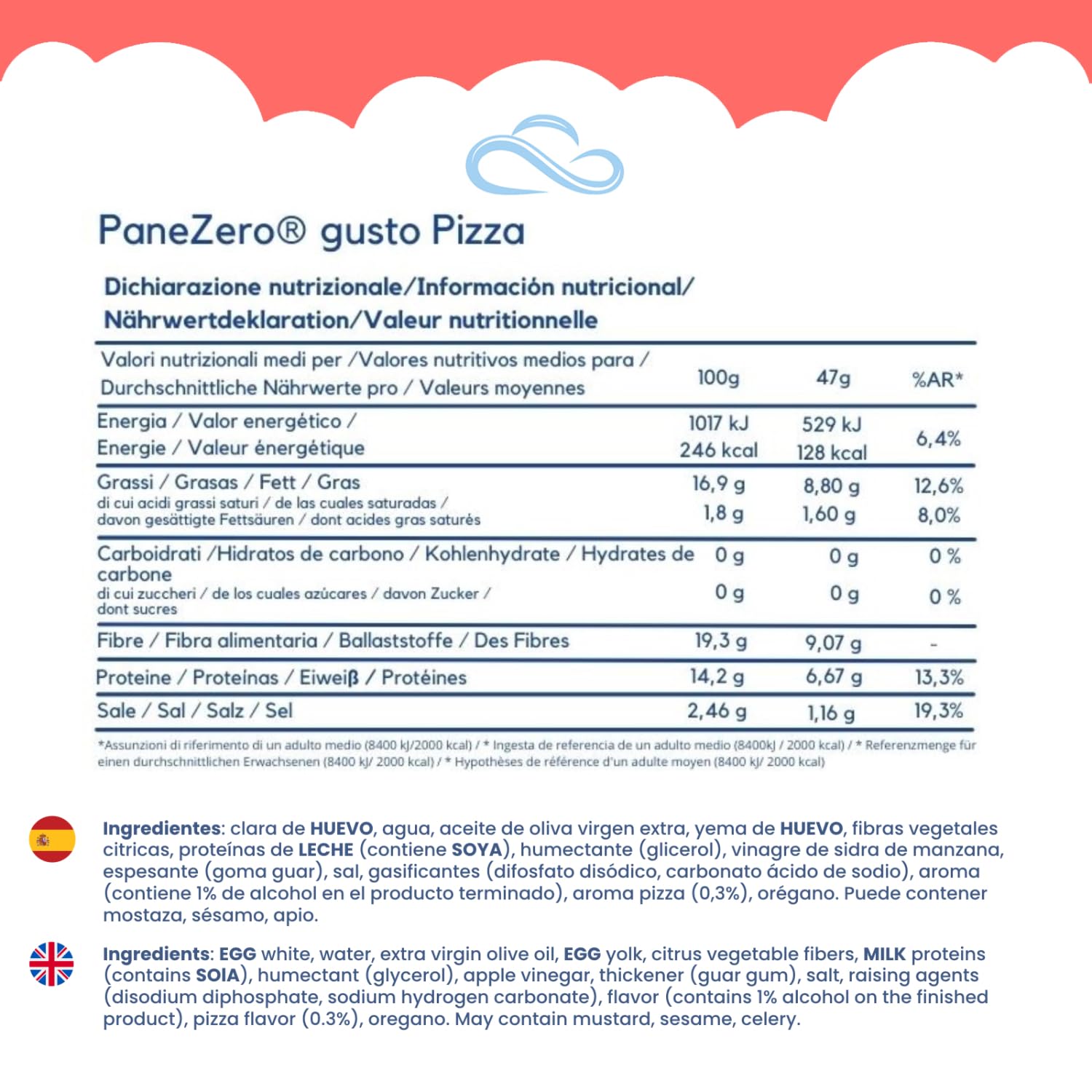 Nuvola Zero - Pane Zero Pizza, Pan Sin Carbohidratos, Sin Azúcar, Sin Lactosa, Alto en Fibra y Proteínas, Sin Gluten, Paquete de 12 uds, Fabricado en Italia