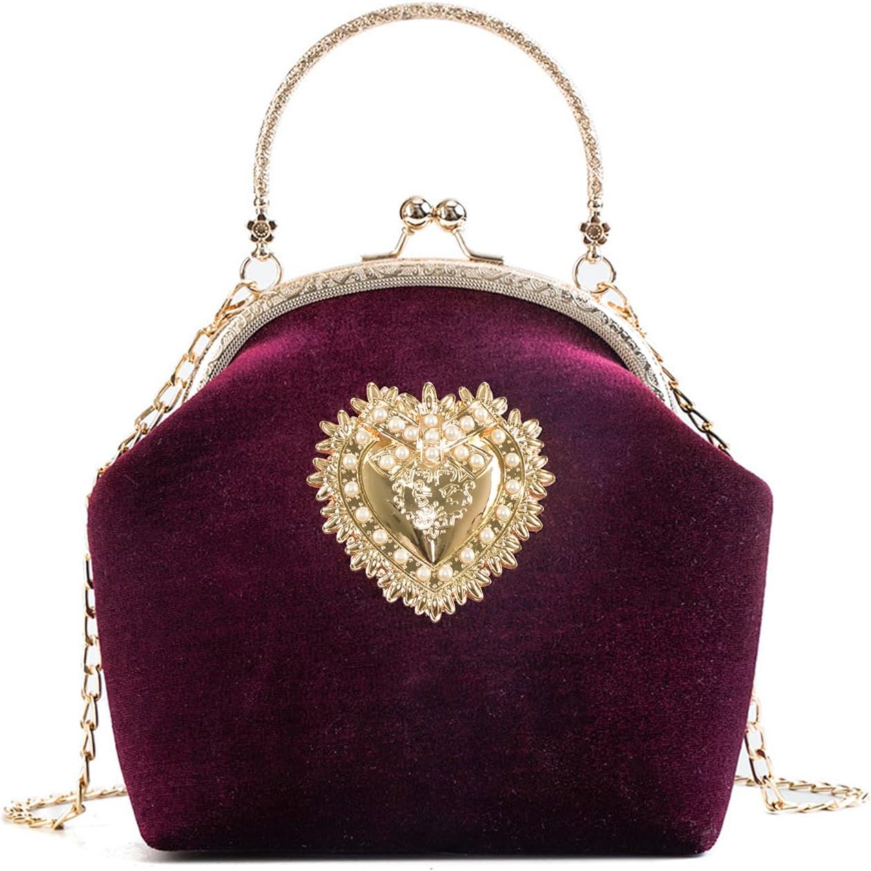 Women's Evening Clutch Bag, Velvet Kiss Lock Bag, Elegant Shoulder Clutch with Chain, Golden Heart Detail, Vintage Bag for Party Wedding Prom