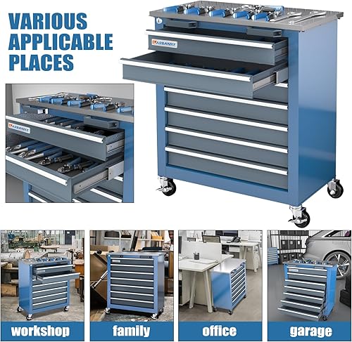 Miniatura 6 de LARBANKE  Cofre de herramientas de 7 cajones con encimera de acero inoxidable, sistema de bloqueo seguro, gabinete con ruedas de 360 y pies