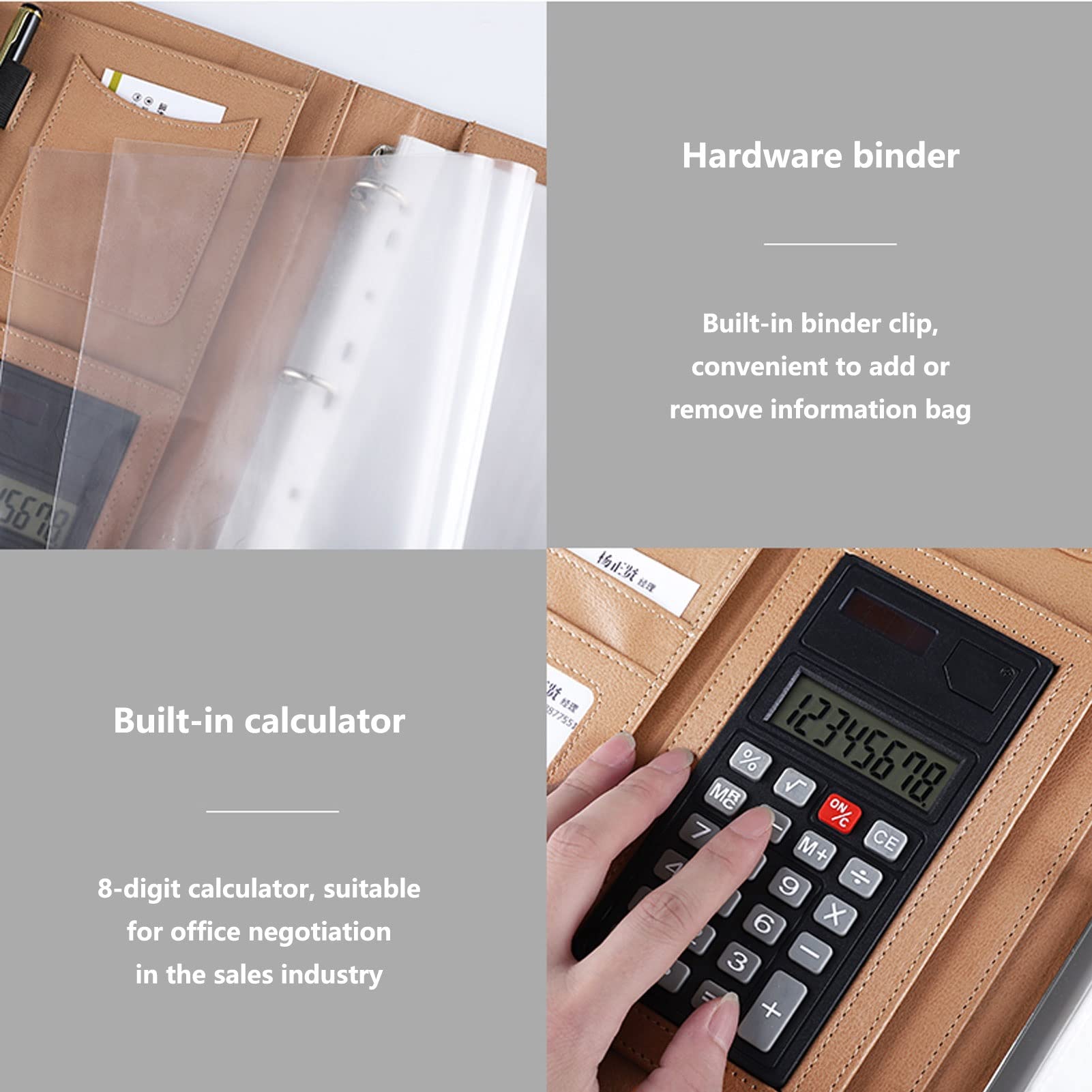 Zdejmujący się Ring Binder i Notepad, Organizer do segregatora A4, skórzany notes z kalkulatorem i 15 kieszonkami informacyjnymi, 13,2 x 10 cali, opakowanie 1 szt