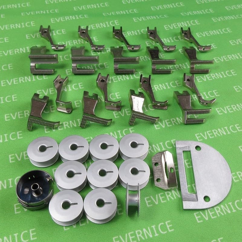 Gotovoview of 22-piece sewing machine parts set including various presser feet, bobbins, bobbin case, needle plate, and feed dog.