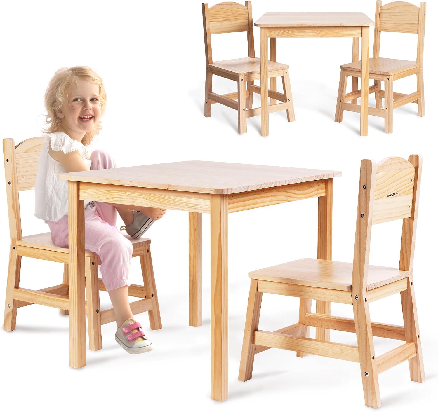 Mamabrum Drewniany Stolik i 2 Krzesełka dla Dzieci – Zestaw z Naturalnego Drewna Sosnowego do Zabawy Nauki i Posiłków – Ergonomiczny i Bezpieczny – 3+