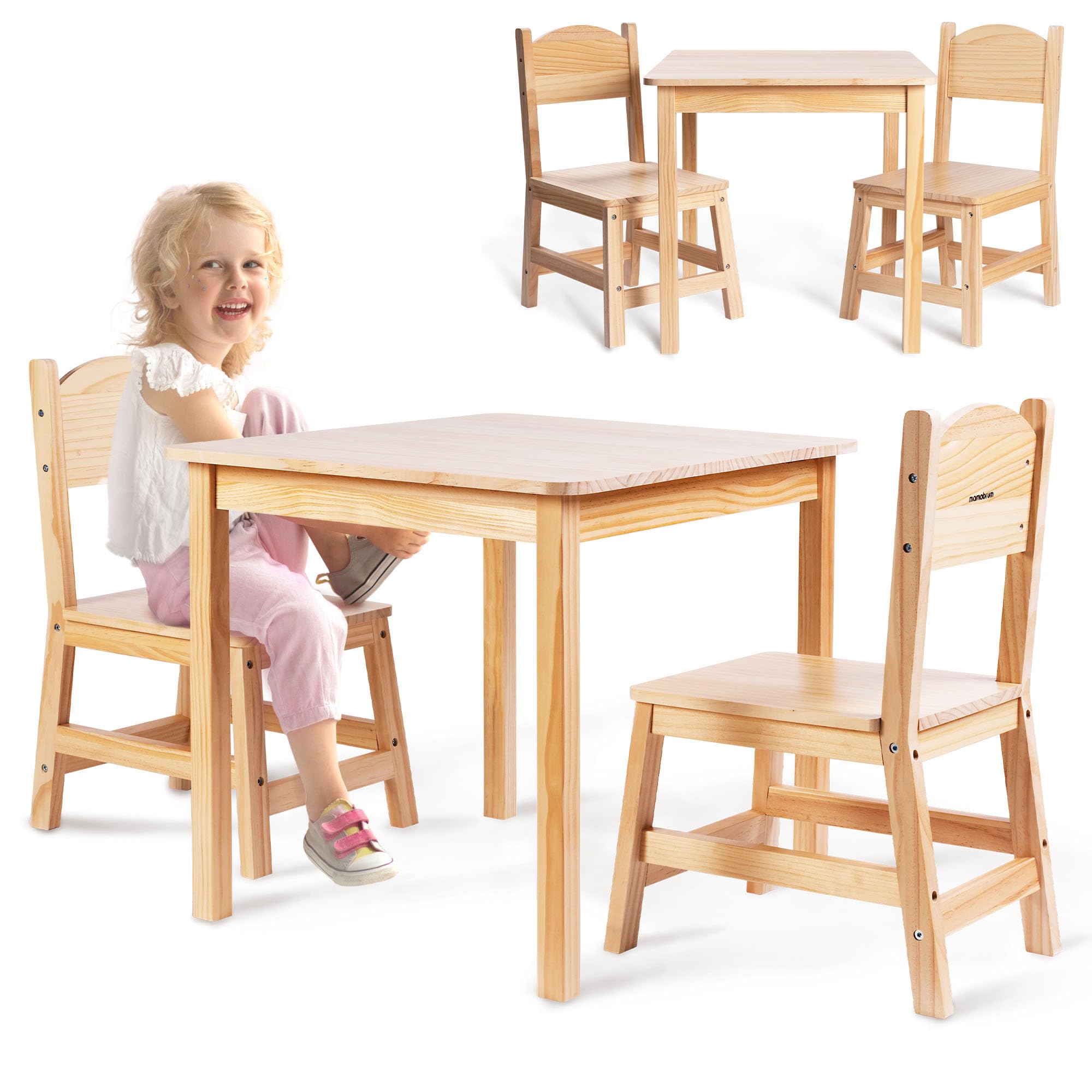 Mamabrum Drewniany Stolik i 2 Krzesełka dla Dzieci – Zestaw z Naturalnego Drewna Sosnowego do Zabawy Nauki i Posiłków – Ergonomiczny i Bezpieczny – 3+