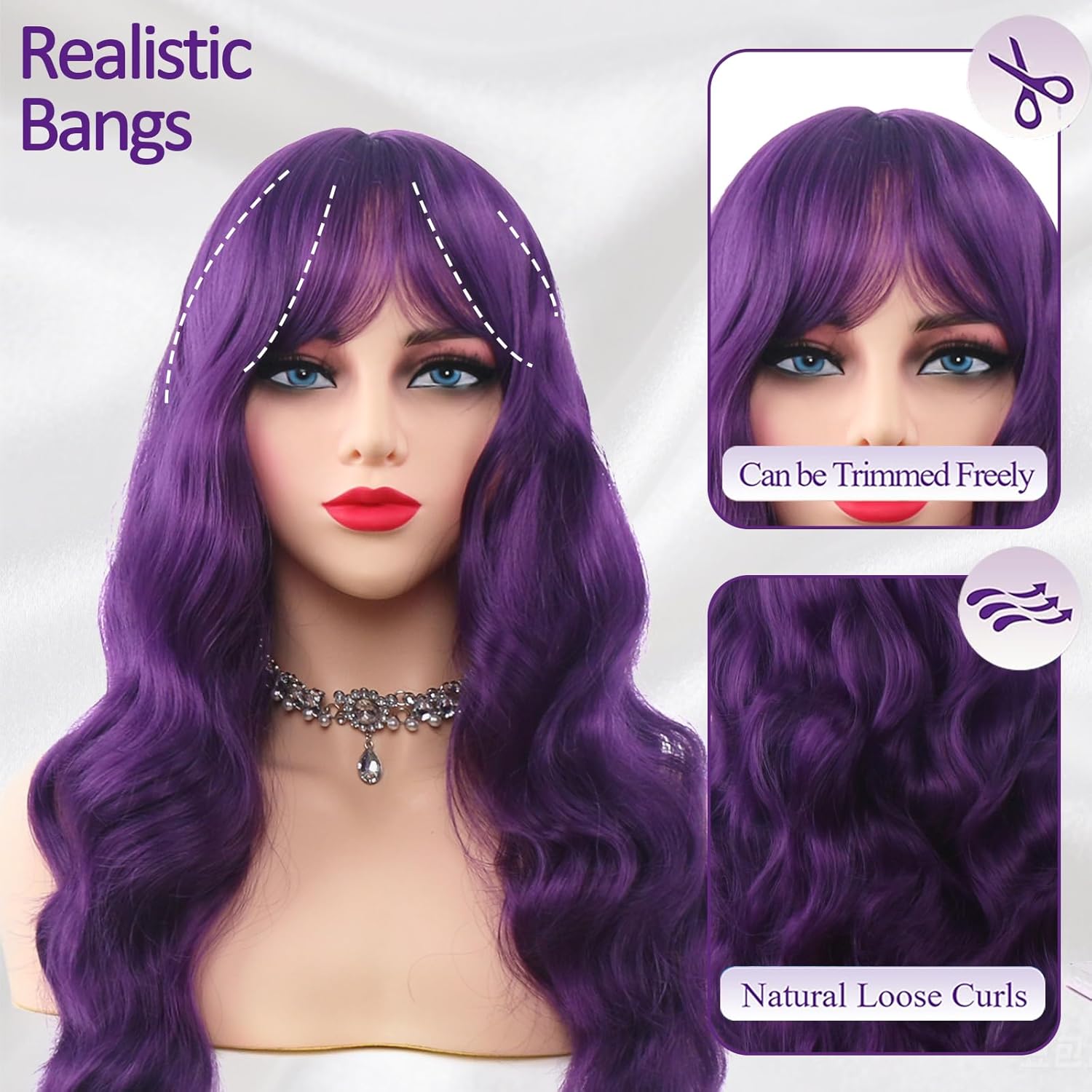 Purple Wigs with Bangs for Women 26 Inch Long Wavy Wigs With Bangs Curly Synthetic Wig Heat Resistant Synthetic Colorful Cosplay Wig - Image 4