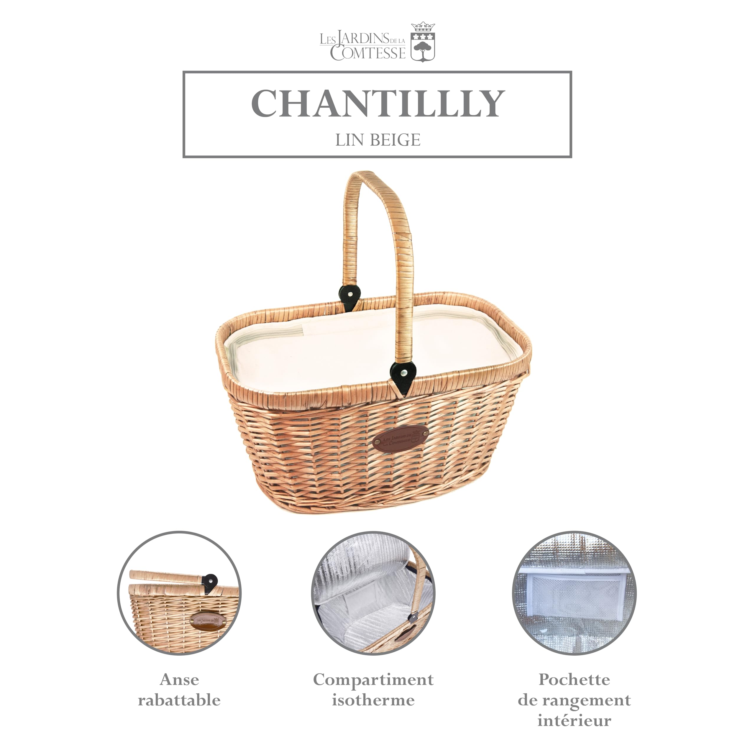 Les Jardins de la Comtesse - Cestino da Picnic "Chantilly Lin" di Vimini - Scompartimento Isotermico Fisso - Per il Mercato, il Picnic/la Spiaggia - Maniglia Pieghevole - 48 cm x 29 cm x 27 cm
