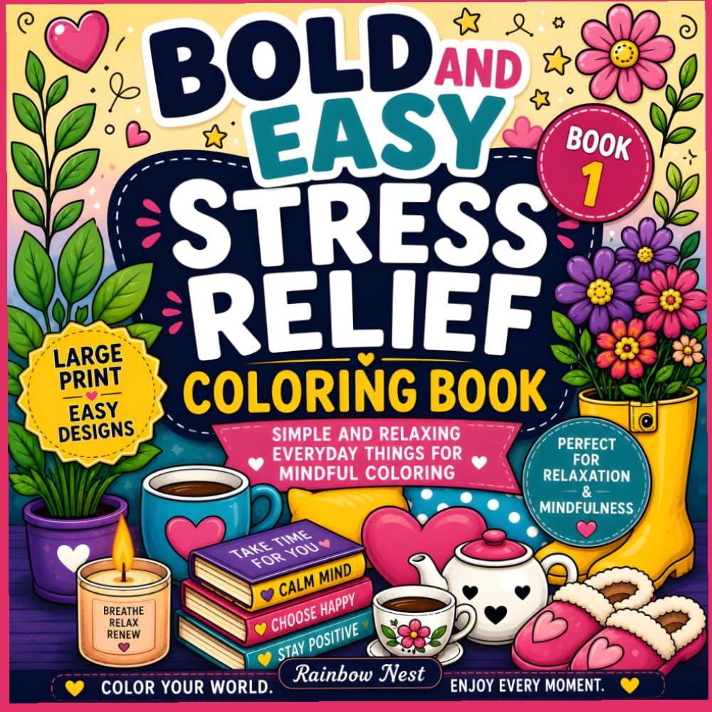 Bold and Easy Stress Relief Coloring Book for Adults and Kids: Simple and Relaxing, Everyday Things for Mindful Coloring (42 Coloring Pages)